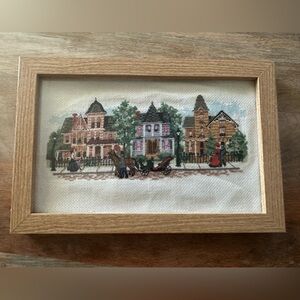 Vintage Exquisite Needle Art Victorian Charming Framed Street Scene Cross-Stitch